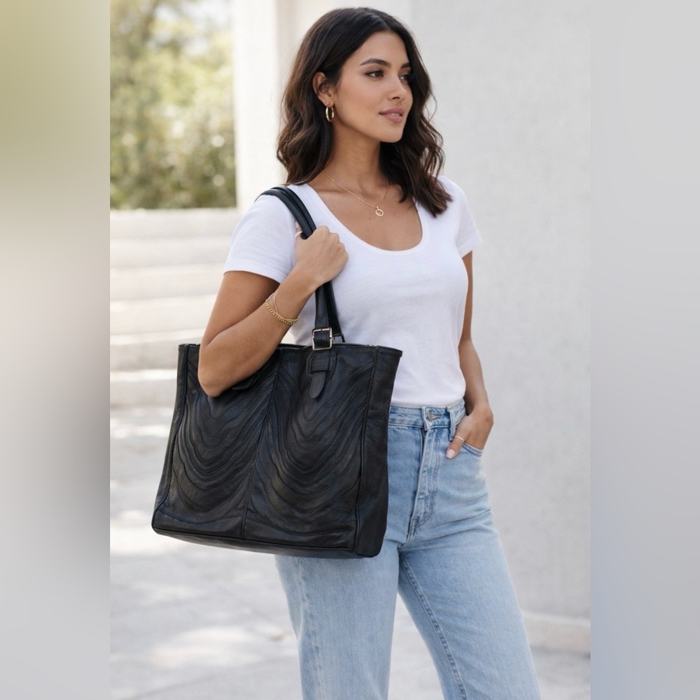 Bracher Emden London Black Leather Tote Bag Shoulder Satchel Embossed Large